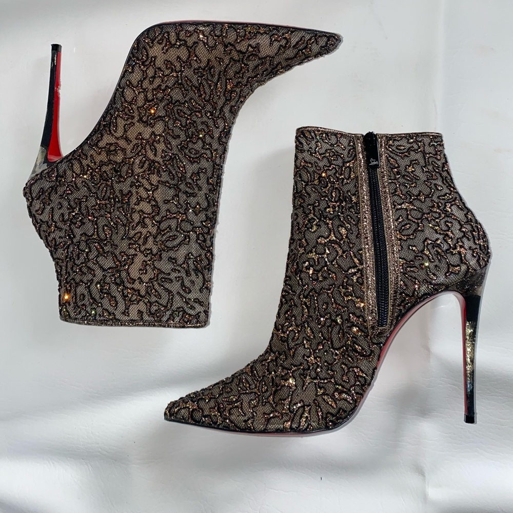 Christian Louboutin Black and Gold Lace Embellished Ankle Booties - Picture 2 of 4